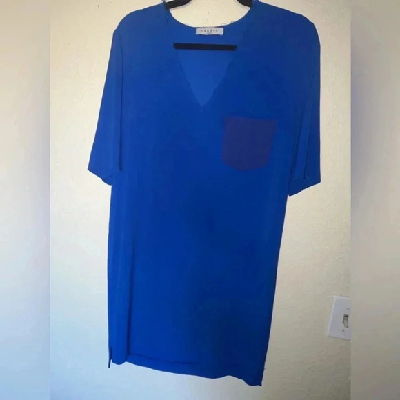 Sandro Paris Bright Cobalt Blue V-Neck Mini Shift Dress. French Size 3. US L/XL - Picture 1 of 8
